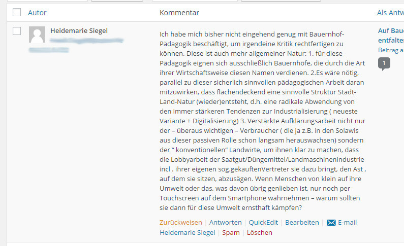 BILD: Veröffentlichtes Kommentar im Backend